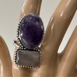 💕 Double amethyst 2 gemstone ring size 10, silver plated stamped 925‎ Long ring